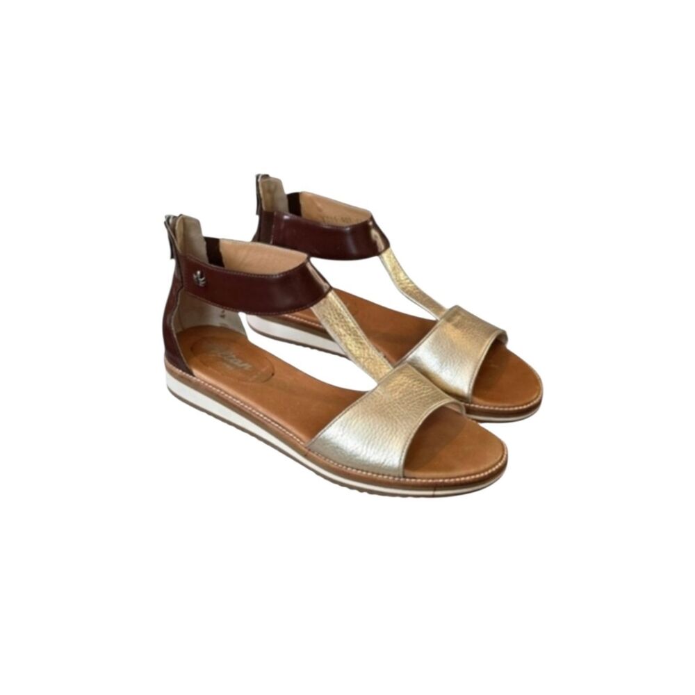 Voltan Brown And Gold Leather T-Stap Zip Heel Sandals Size 8